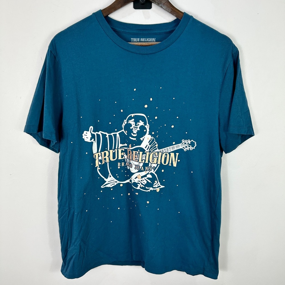 True Religion‎ Blue Graphic Tee Womens S Vintage Streetwear Y2K Guitar